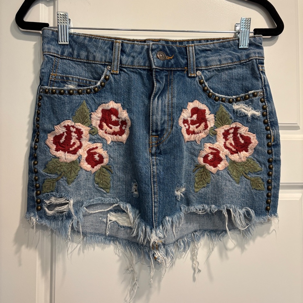 Free People Blue Denim Mini Skirt with Floral Embroidery